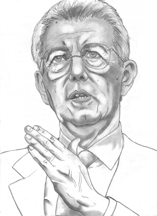 disegno a matita di Mario Monti, senatore a vita